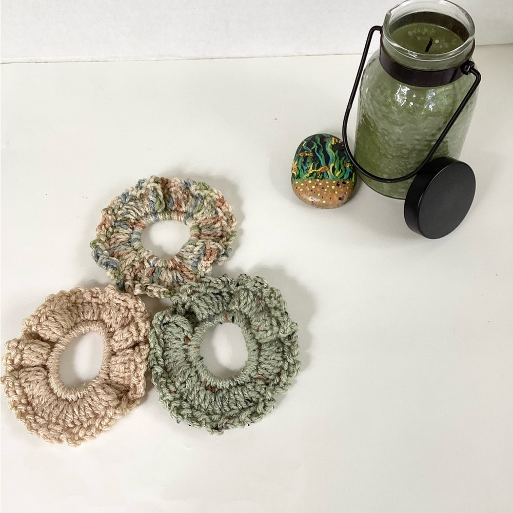 Hair Scrunchies Hand Crafted Green Tan Acrylic Crochet Messy Bun